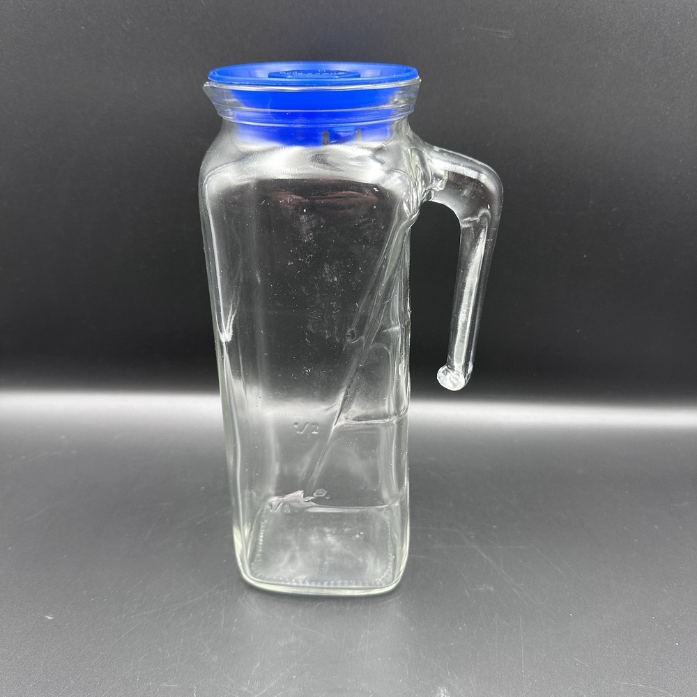 VTG Frigorlo Pitcher Carafe W/ Blue Lid 1L Clear Square  Made In Italy
